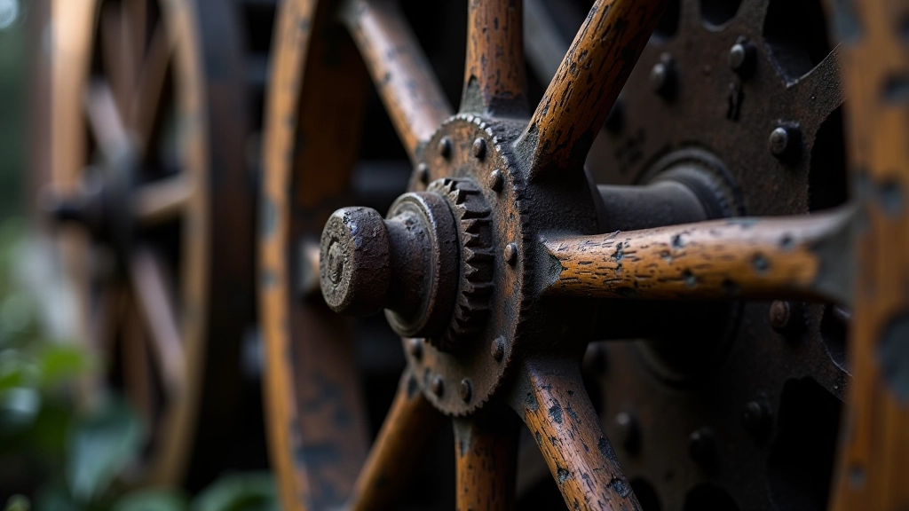 Detailní pohled na historické vodní kolo mlýna s lopatkami a osazenými mechory
