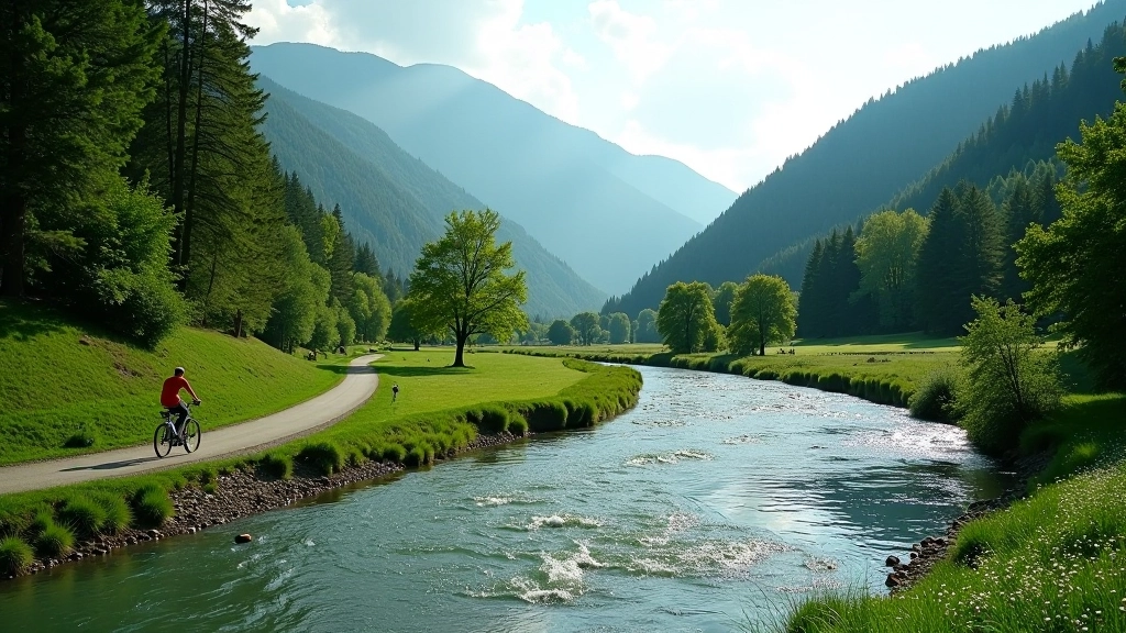 Tiché říční údolí se stezkou pro cyklisty podél toku Vydry, les v pozadí, zelené údolí s horami
